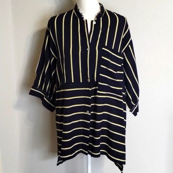 Free People Intimately Navy Yellow White Buttondown Short Sleeve Oversized Small - Picture 1 of 10